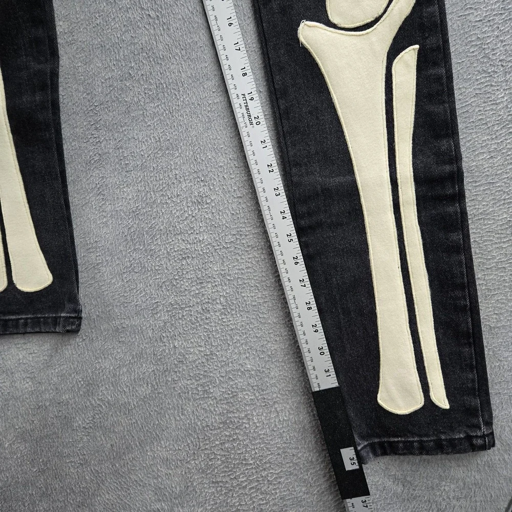 MNML Men Jeans 28 Black Denim Skinny Skeleton Patchwork Emo Goth Grunge Y2K READ